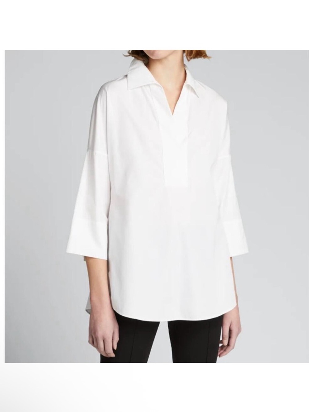 Akris Punto Elements Kimono Sleeve Split Neck Blouse Tunic Top White